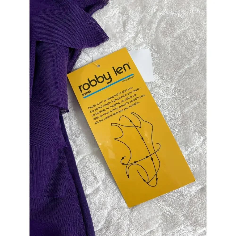 NWT Longitude Robby Len Size 14 Purple Ruffle One Piece Swimsuit Tummy Control